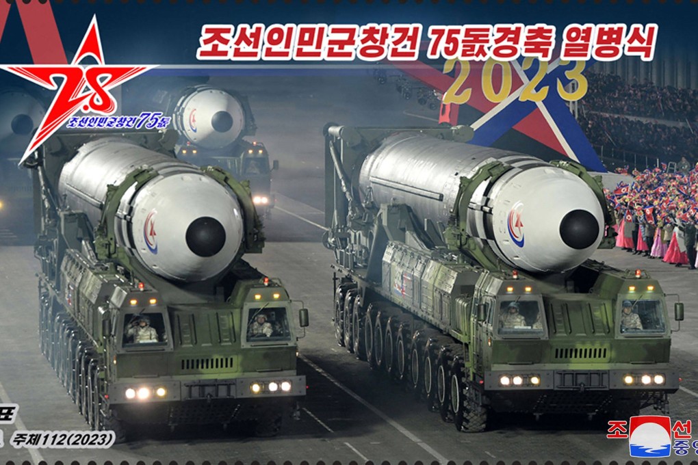 A postage stamp issued in North Korea shows the recent parade in Pyongyang of intercontinental ballistic missiles while commemorating the 75th anniversary of the founding of the Korean People’s Army in early February. Photo: KCNA via KNS / AFP