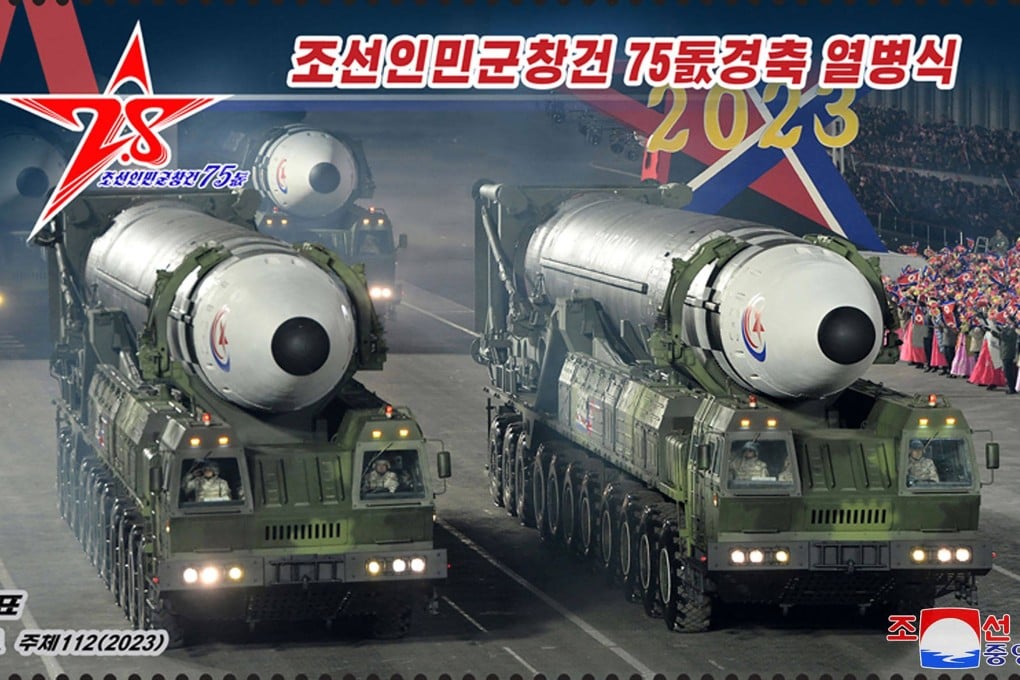 A postage stamp issued in North Korea shows the recent parade in Pyongyang of intercontinental ballistic missiles while commemorating the 75th anniversary of the founding of the Korean People’s Army in early February. Photo: KCNA via KNS / AFP