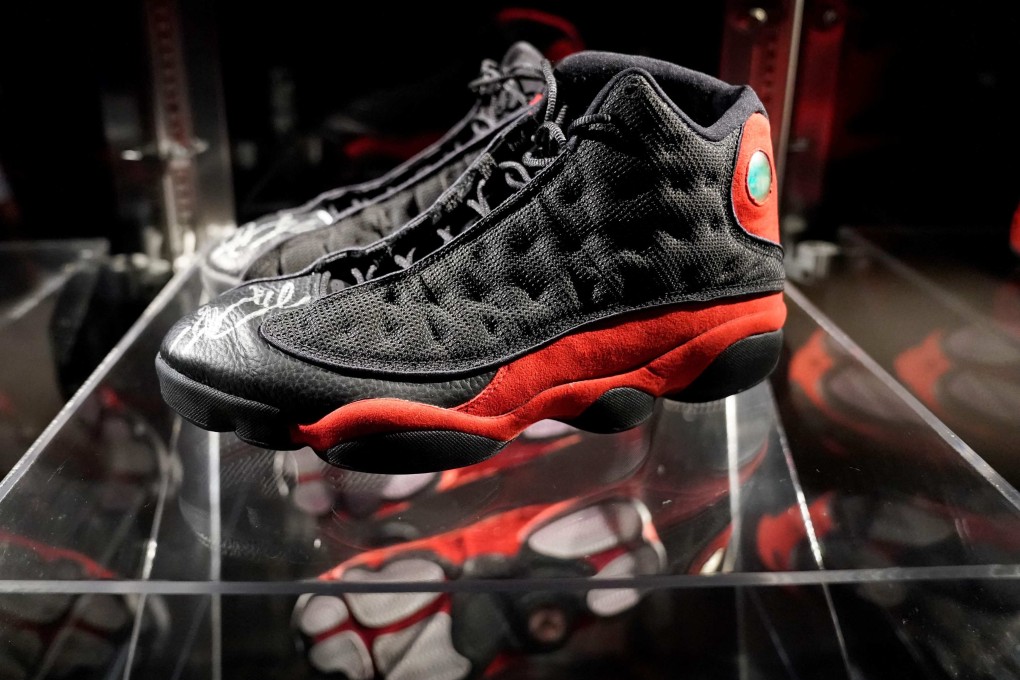 Michael Jordan’s 1998 NBA Finals Air Jordan XIIIs sneakers are displayed during a press preview in New York at Sotheby’s for an auction. Photo: AFP