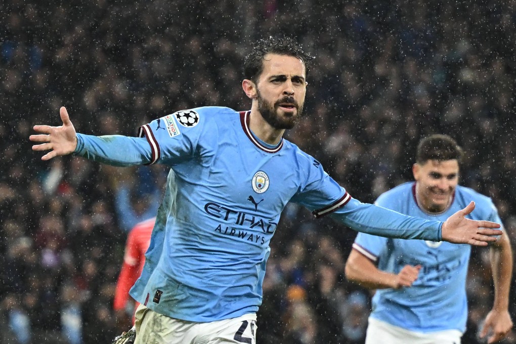 Manchester City’s Bernardo Silva celebrates after scoring their second goal against Bayern Munich. Photo: AFP
