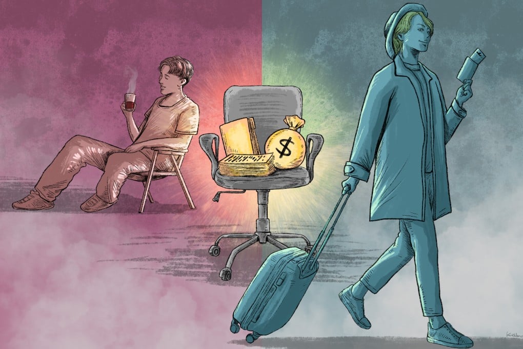 A growing number of younger people in China are resenting the idea of struggling against economic problems, while in the US, millions are also leaning more towards the life side of a work-life balance. Illustration: Lau Ka-kuen