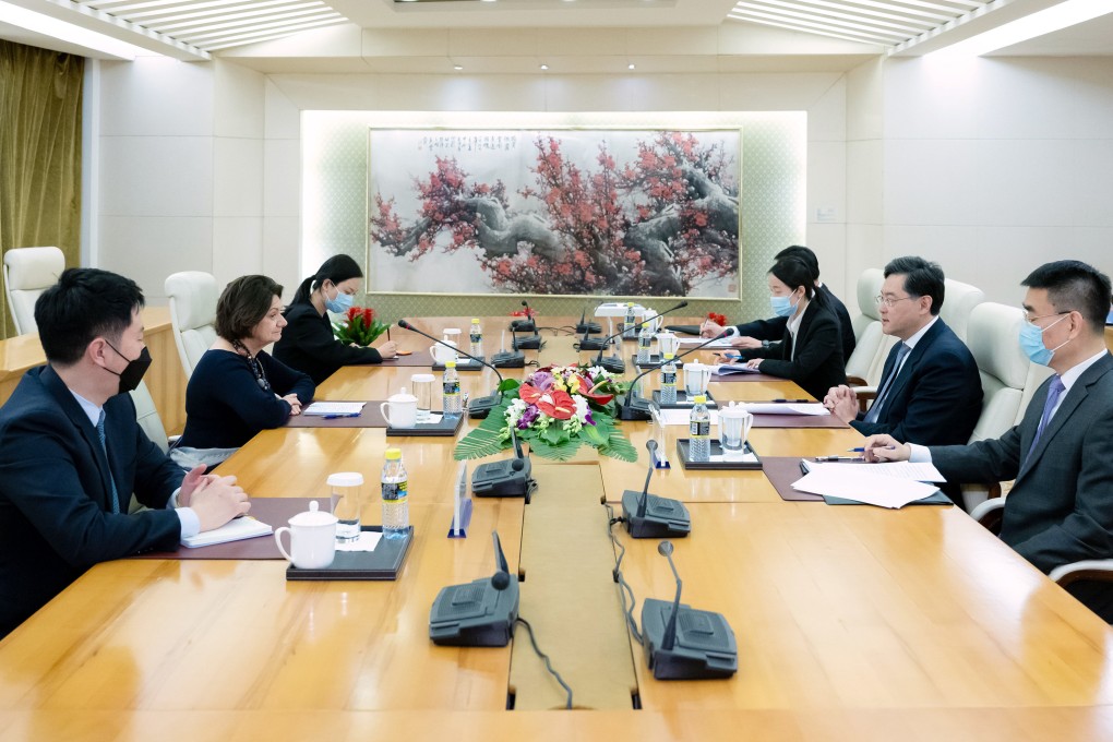 Chinese State Councillor and Foreign Minister Qin Gang meets UN under-secretary-general for political and peacebuilding affairs Rosemary DiCarlo in Beijing on April 11. Photo: Xinhua