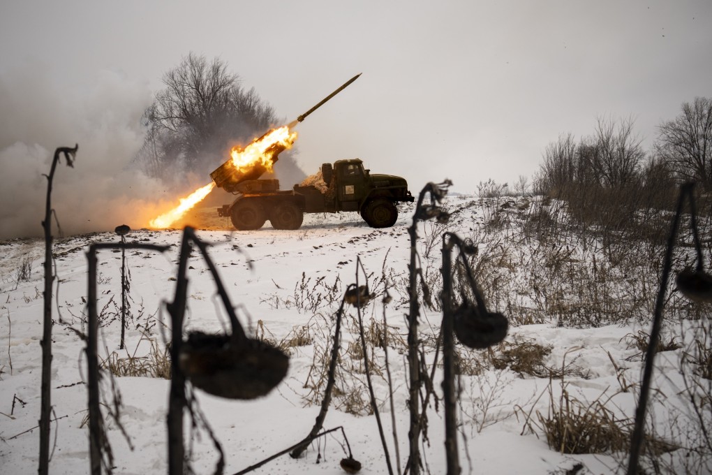 Ukrainian servicemen fire a Soviet-era rocket launcher at Russian positions in the Kharkiv area in February. Photo: AP