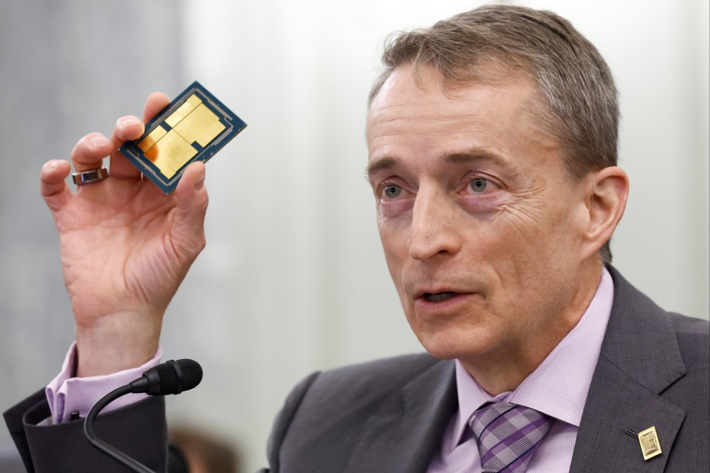 Patrick Gelsinger, CEO of Intel Corp, holds an Intel integrated circuit die during a Senate hearing in Washington in March 2022. Photo: Bloomberg