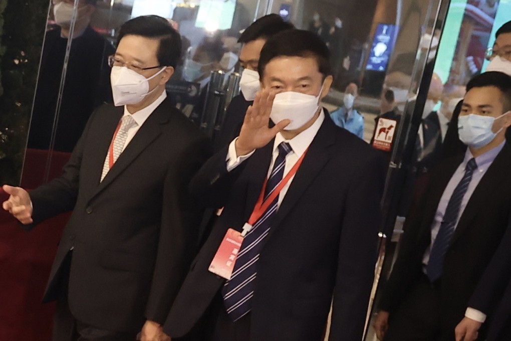 Luo Huining (centre), then director of Beijing’s liaison office in Hong Kong, leaves a meeting with Chief Executive John Lee Ka-chiu in January. Photo: Jonathan Wong