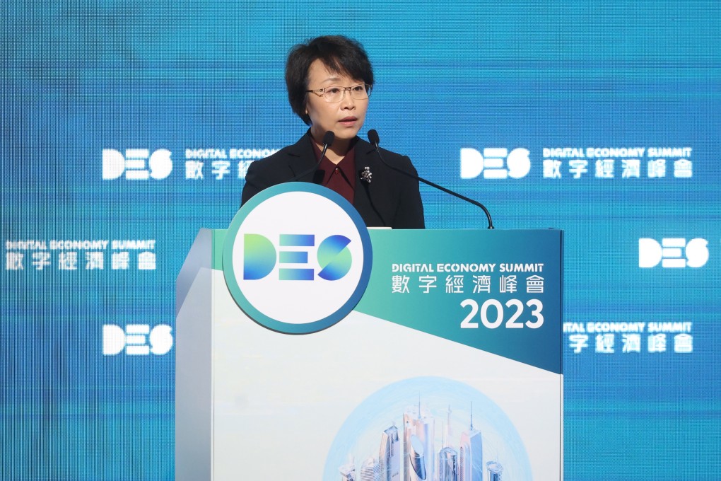 Cao Shumin, deputy director at the Cyberspace Administration of China, speaking at the Digital Economy Summit 2023 in Hong Kong on April 13, 2023. Photo: Yik Yeung-man