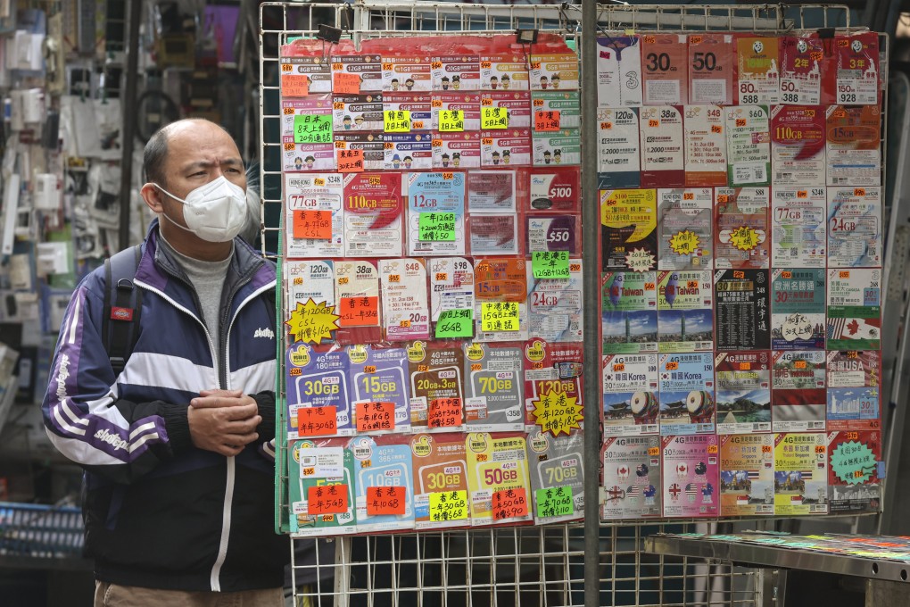 A stall sells various mobile SIM cards in Sham Shui Po. The real-name registration of SIM cards became mandatory in Hong Kong in February. Photo: Edmond So