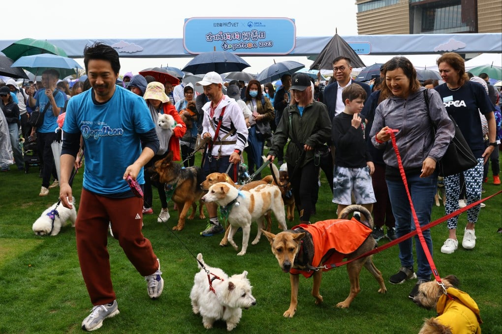 Dog lovers, including Cantopop music producer Eric Kwok Wai-leung (left), at the ProVet X SPCA Dogathon 2023 hosted by the Society for the Prevention of Cruelty to Animals, at Art Park in West Kowloon in March. Photo: Dickson Lee