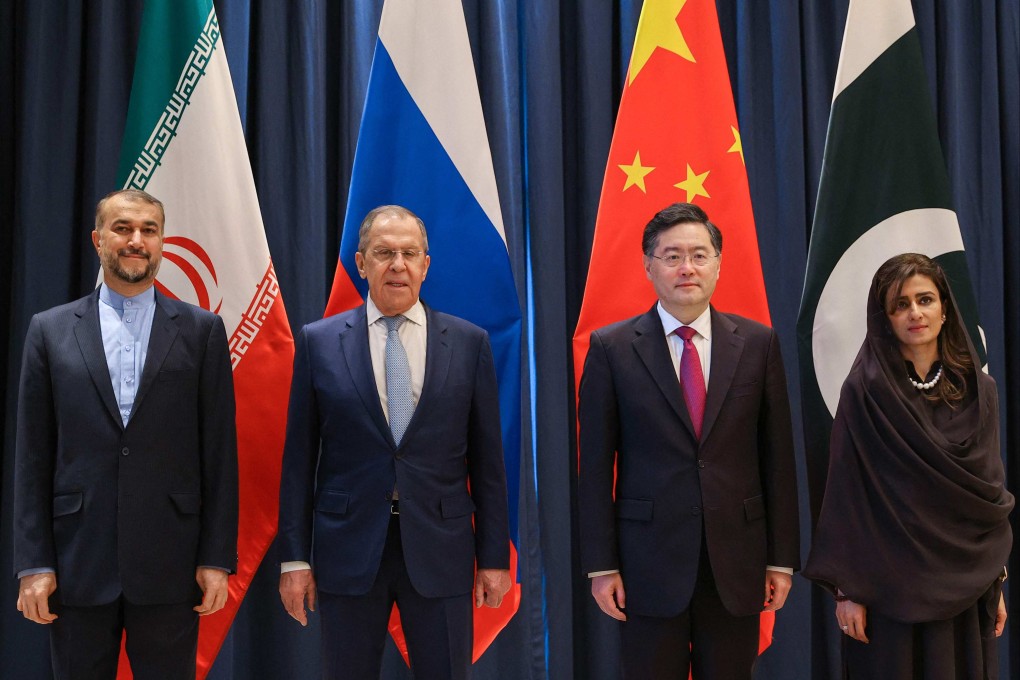 Chinese Foreign Minister Qin Gang (third left) with regional counterparts (from left) Hossein Amir-Abdollahian of Iran, Sergey Lavrov of Russia and Hina Rabbani Khar of Pakistan, in Samarkand on Thursday. Photo: AFP