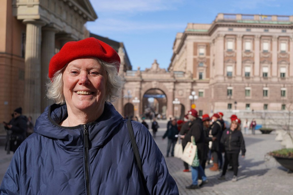 Birgitta Sevefjord, 79, chairwoman of the “Tantpatrullen” movement, leads a demonstration for better pensions for women in Stockholm, Sweden, in March. Photo: AFP