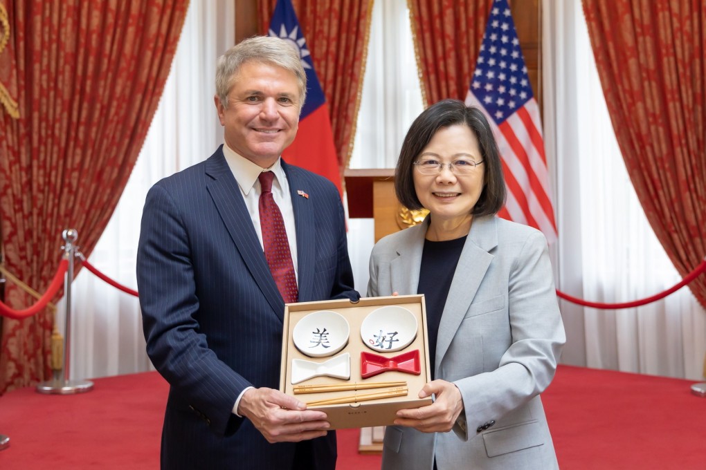 Taiwanese leader Tsai Ing-wen poses for photographs with US lawmaker Michael McCaul during their meeting in Taipei on April 8. Photo: Taiwan presidential office via EPA-EFE