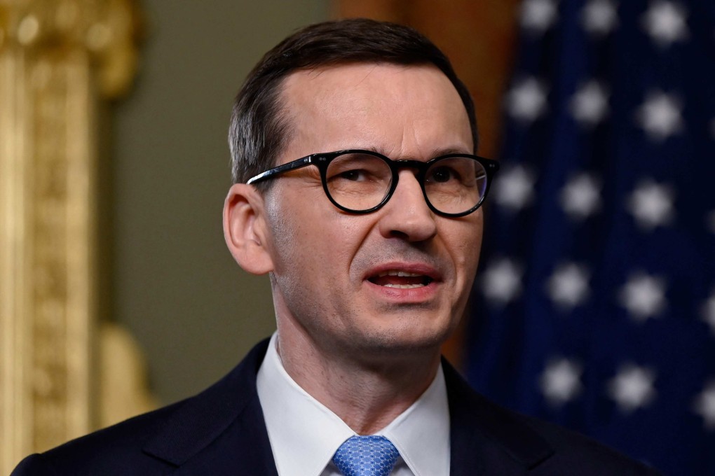 Polish Prime Minister Mateusz Morawiecki speaks in Washington on Tuesday. Photo: AFP