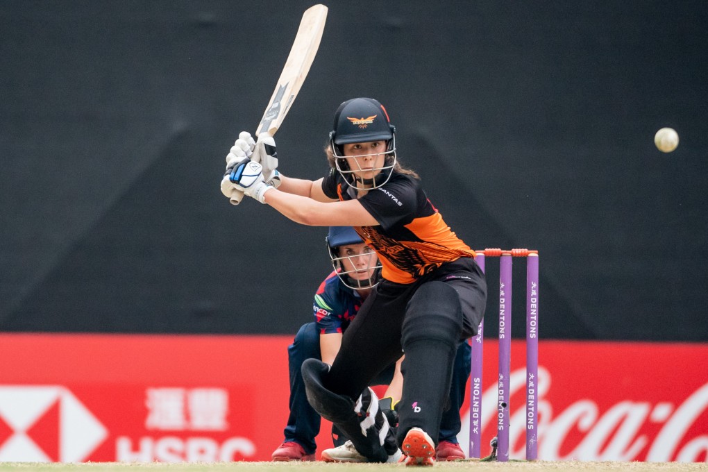 Falcons batter Mariko Hill prepares to sweep the ball during her unbeaten 19 against the Barmy Army. Photo: FairBreak Invitational.