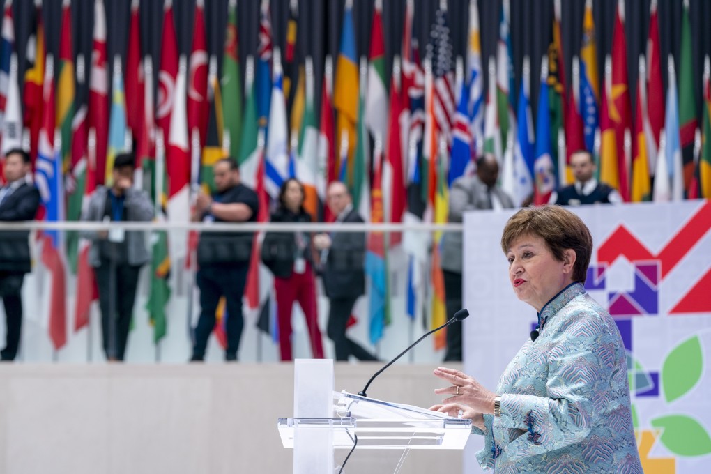 IMF managing director Kristalina Georgieva delivers remarks at the seminar titled “Digital Public Infrastructure: Stacking up the Benefits” during the spring meetings in Washington, on April 14. Photo: EPA-EFE