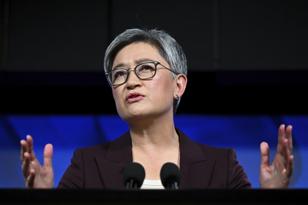 Australian Foreign Minister Penny Wong addresses the National Press Club in Canberra on April 17, 2023. Photo: AAP Image via AP