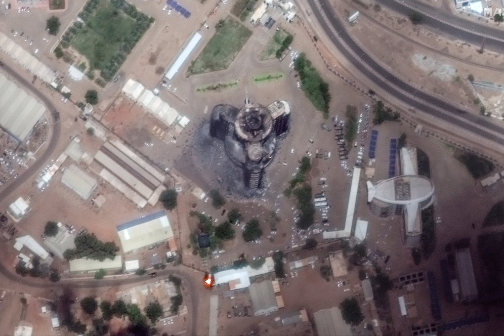 The burned and damaged General Command of the Sudanese Armed Forces headquarters building in Khartoum, Sudan on Sunday. Photo: Maxar Technologies