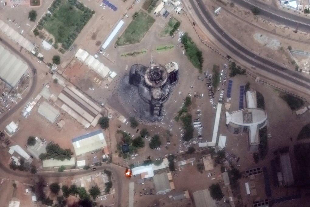 The burned and damaged General Command of the Sudanese Armed Forces headquarters building in Khartoum, Sudan on Sunday. Photo: Maxar Technologies