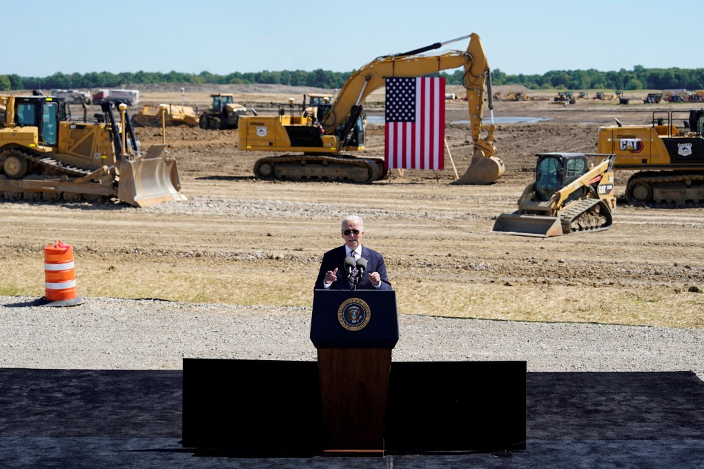 US President Joe Biden speaks about rebuilding American manufacturing at the groundbreaking of the new Intel semiconductor manufacturing facility in New Albany, Ohio, on September 9, 2022. Crumbling levels of business confidence and a persistently inverted Treasury yield curve are just some of the indicators that a recession is imminent. Photo: Reuters