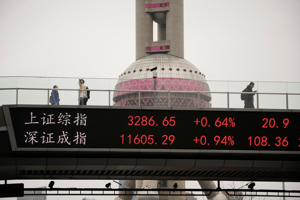 An electronic board shows Shanghai and Shenzhen stock indexes at the Lujiazui financial district in Shanghai on March 24, 2023. Photo: Reuters