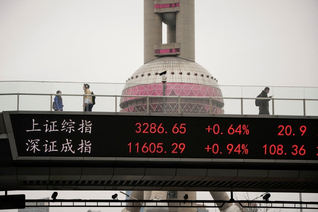 An electronic board shows Shanghai and Shenzhen stock indexes at the Lujiazui financial district in Shanghai on March 24, 2023. Photo: Reuters