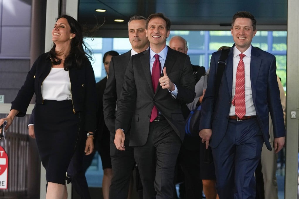 Lawyers for Dominion Voting Systems exit the New Castle County Courthouse in Wilmington, Delaware, after the defamation lawsuit was settled. Photo: AP