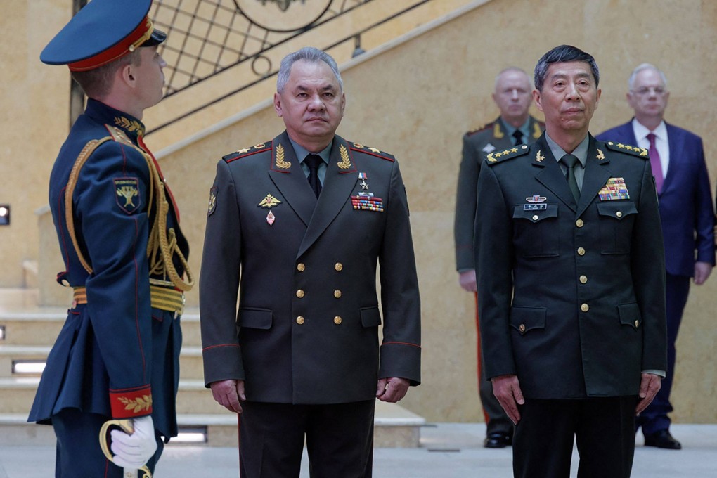 Russian Defence Minister Sergei Shoigu and his Chinese counterpart Li Shangfu meet in Moscow on Tuesday. Photo: AFP/Russian defence ministry
