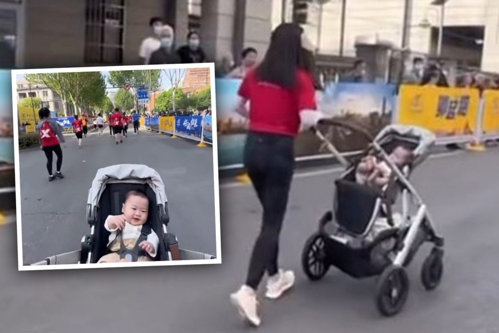 A mother who runs a 13-km mini marathon with her baby in a stroller delights many on mainland social media. Photo: SCMP composite/Weibo