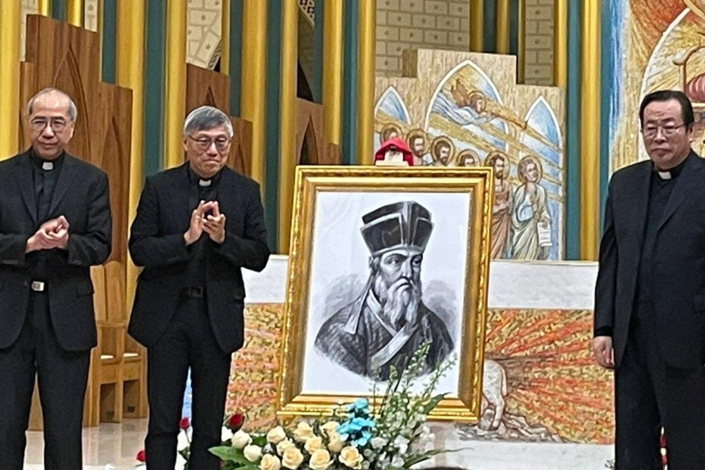 (From left) Auxiliary Bishop Joseph Ha, Bishop Stephen Chow and Bishop Joseph Li in Beijing. The portrait is of Jesuit missionary Matteo Ricci. Photo: Handout