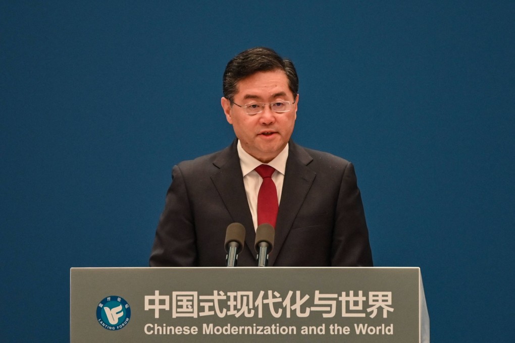 Chinese Foreign Minister Qin Gang delivers his speech in Shanghai on Fruday. Photo: AFP