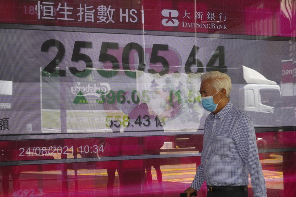 A man walks past an electronic board showing the Hang Seng index on August 24, 2021. Surveys have found older workers are more committed and loyal. Photo: AP
