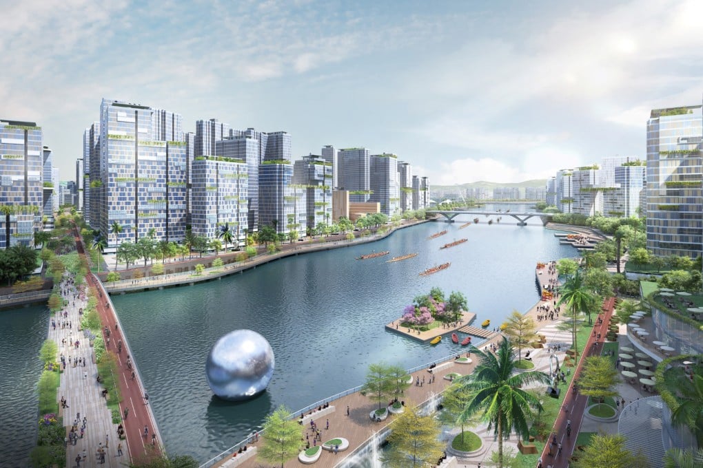 Rendered illustration of waterfront Promenade and Water Channel between artificial islands of Lantau Tomorrow Vision Project. Photo: Legco