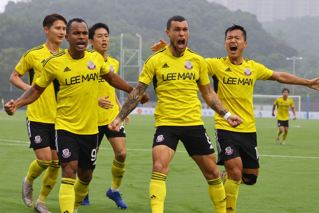 Lee Man’s Everton Camargo celebrates scoring his side’s first goal against Sham Shui Po at Tseung Kwan O Sports Ground. Photo: Dickson Lee