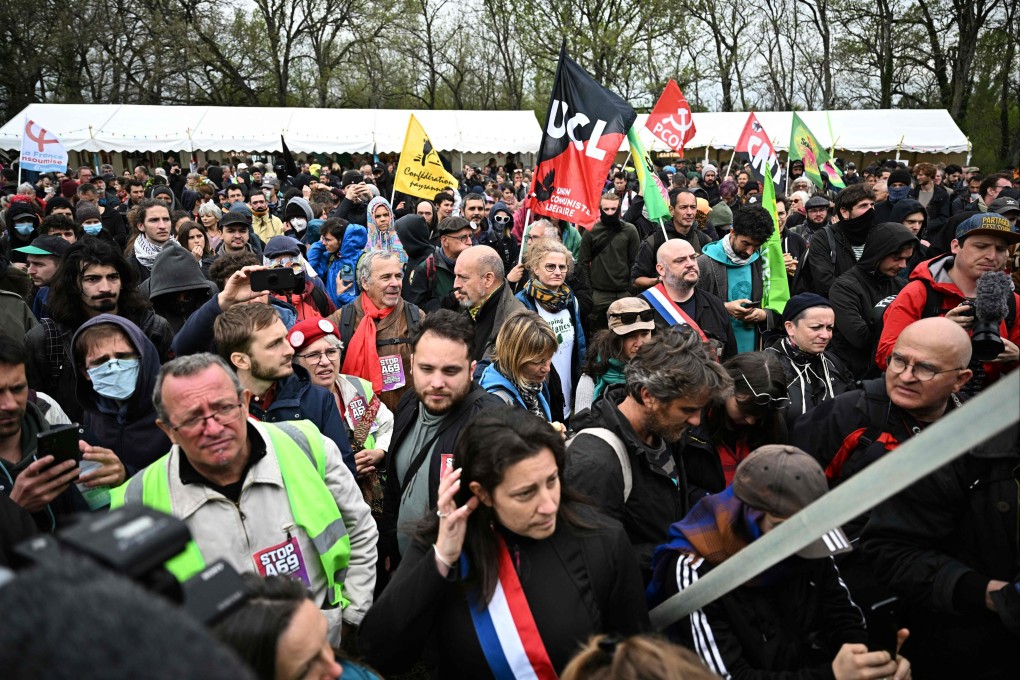 Protesters gather for a rally against the A69 motorway project between Castres and Toulouse, near Saix, south-western France on Saturday. Photo: AFP
