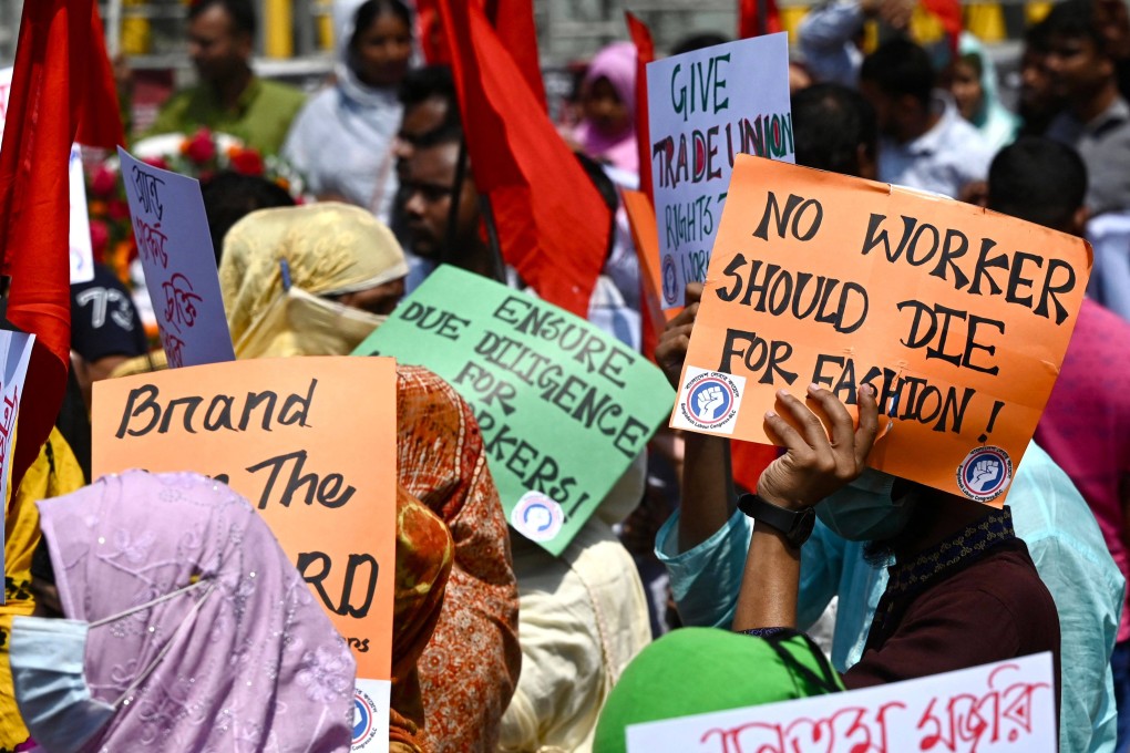 Victims of the Rana Plaza garments factory tragedy take part in a protest on its 10th anniversary at the site where the building once stood on the outskirts of Dhaka. Photo: AFP