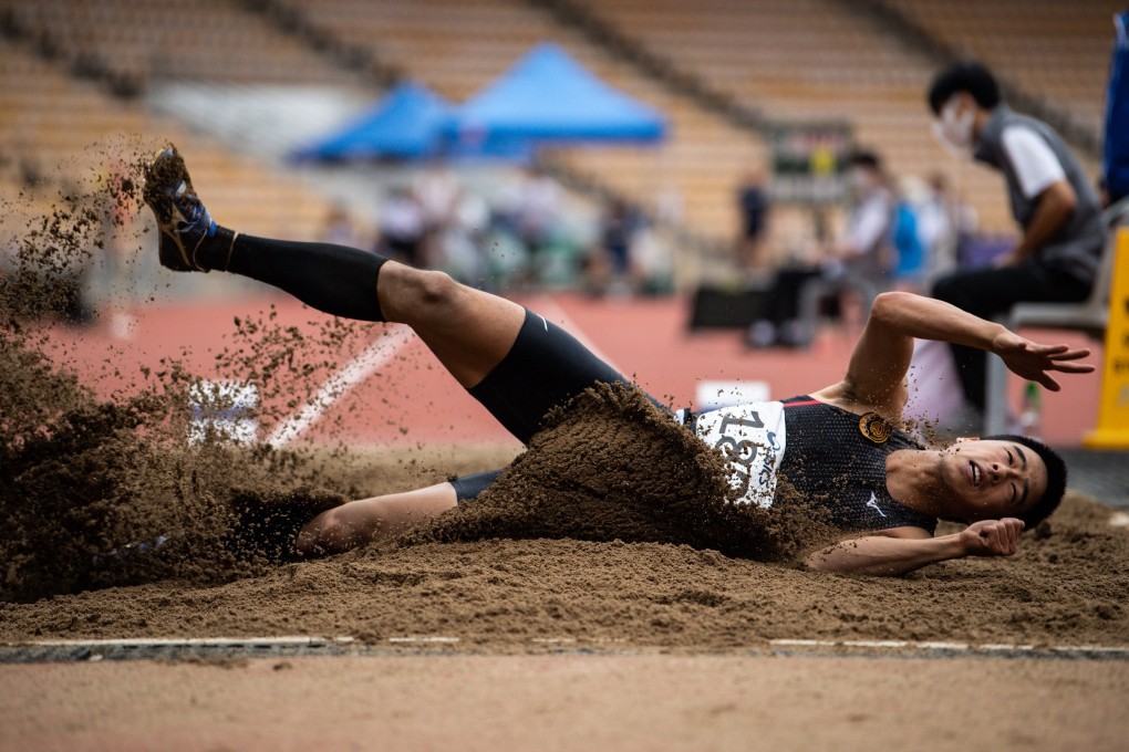 Chan Ming-tai wins the long jump in the Athletics Series 2 at Siu Sai Wan Sports Ground. Photo: HKAAA