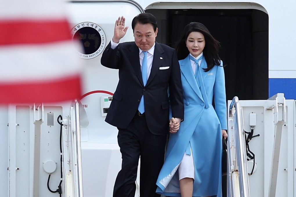 South Korean President Yoon Suk-yeol and his wife Kim Keon-hee arrive at an air base in Maryland on Monday at the start of his state visit to the US. Photo: EPA-EFE/Yonhap