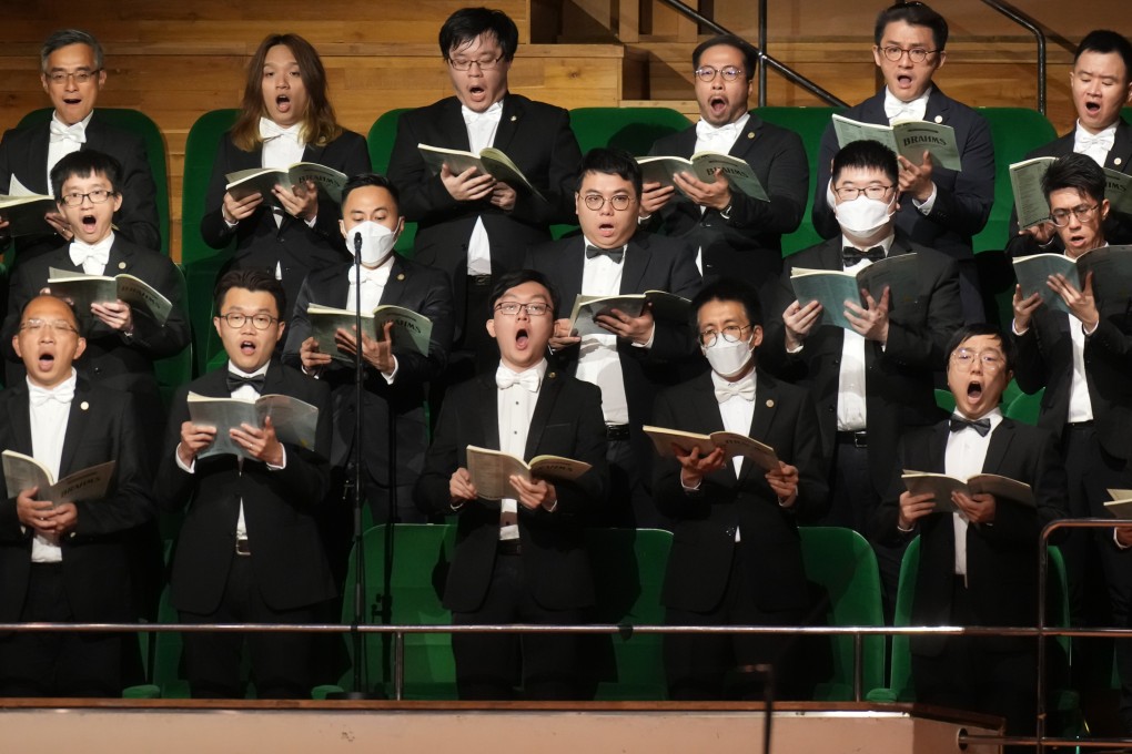 Choristers in full voice during a performance of Brahms’ A German Requiem by the Hong Kong Philharmonic Orchestra and Choir and Hong Kong University Students’ Union Choir in the Hong Kong Cultural Centre Concert Hall. Photo:  Mak Cheong-wai
