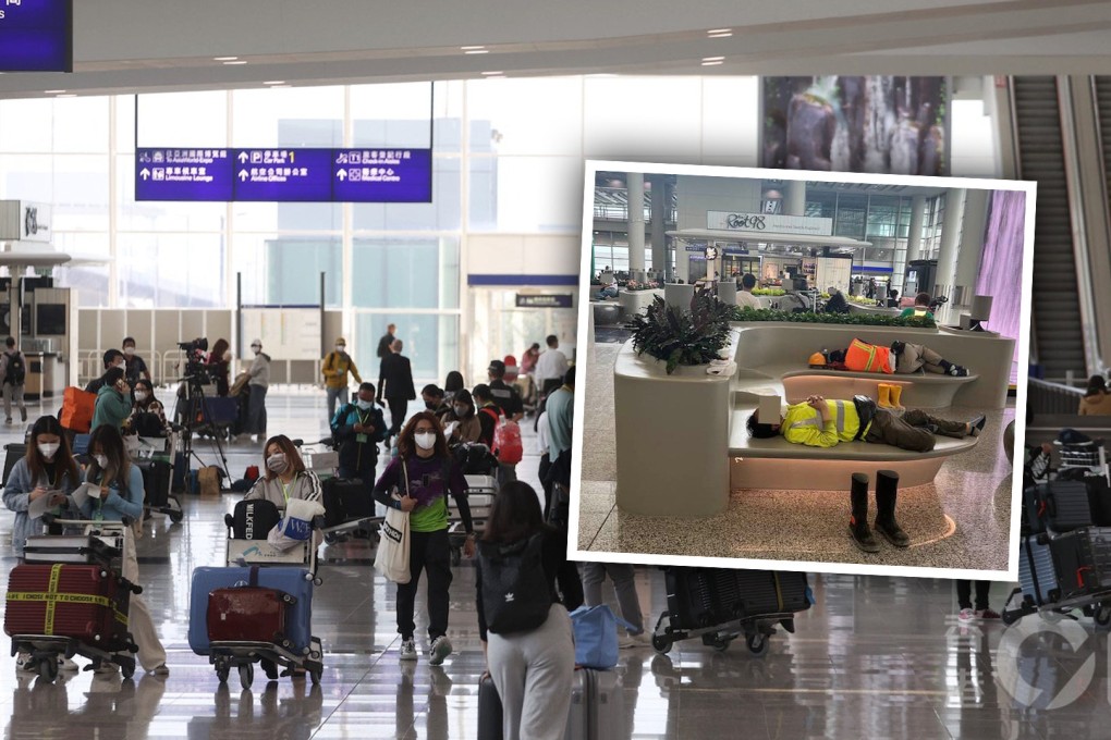 A Hong Kong man’s provocative online post showing construction workers napping inside a terminal building at the city’s international airport has provoked an online backlash. Photo: SCMP composite/ Facebook/Hong Kong Current Affairs