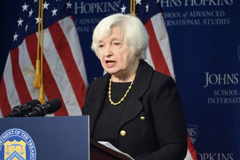 US Treasury Secretary Janet Yellen gives a speech on the US-China relationship at the Johns Hopkins University School of Advanced International Studies in Washington on April 20. The US’ chronic shortfall of domestic savings will exacerbate the economic consequences of its conflict with China. Photo: Kyodo