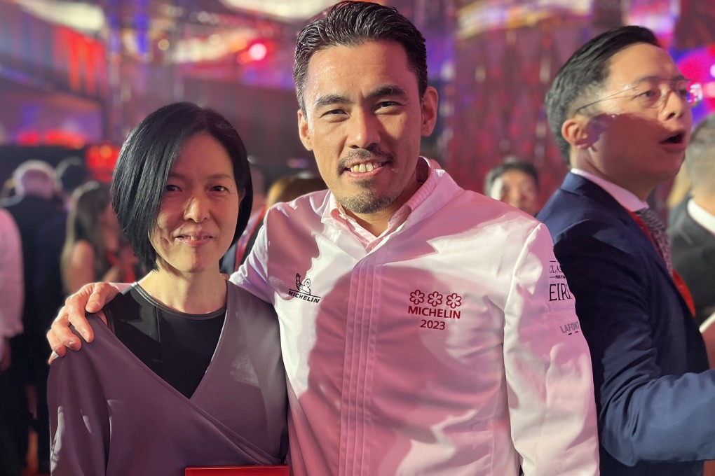 Hiromi Takano and Hideaki Sato of Ta Vie, which earned a third Michelin star in the Michelin Guide 2023 Hong Kong and Macau, at the ceremony in Macau to unveil the new edition. Photo: Charmaine Mok