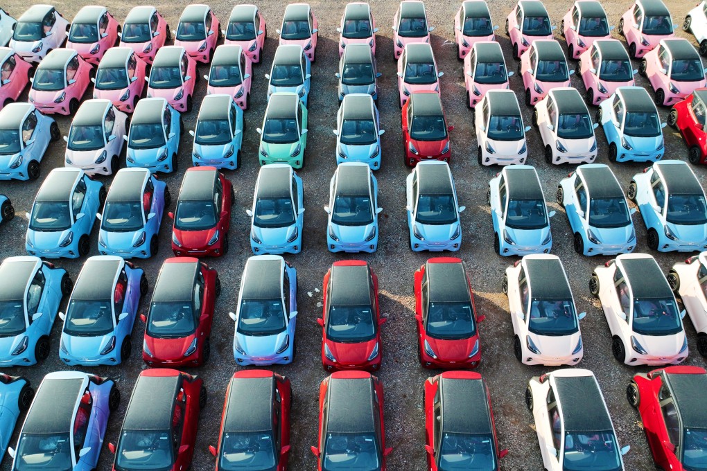 Aerial view of electric cars sitting parked at a factory of Chery New Energy Automobile. Photo: Getty Images