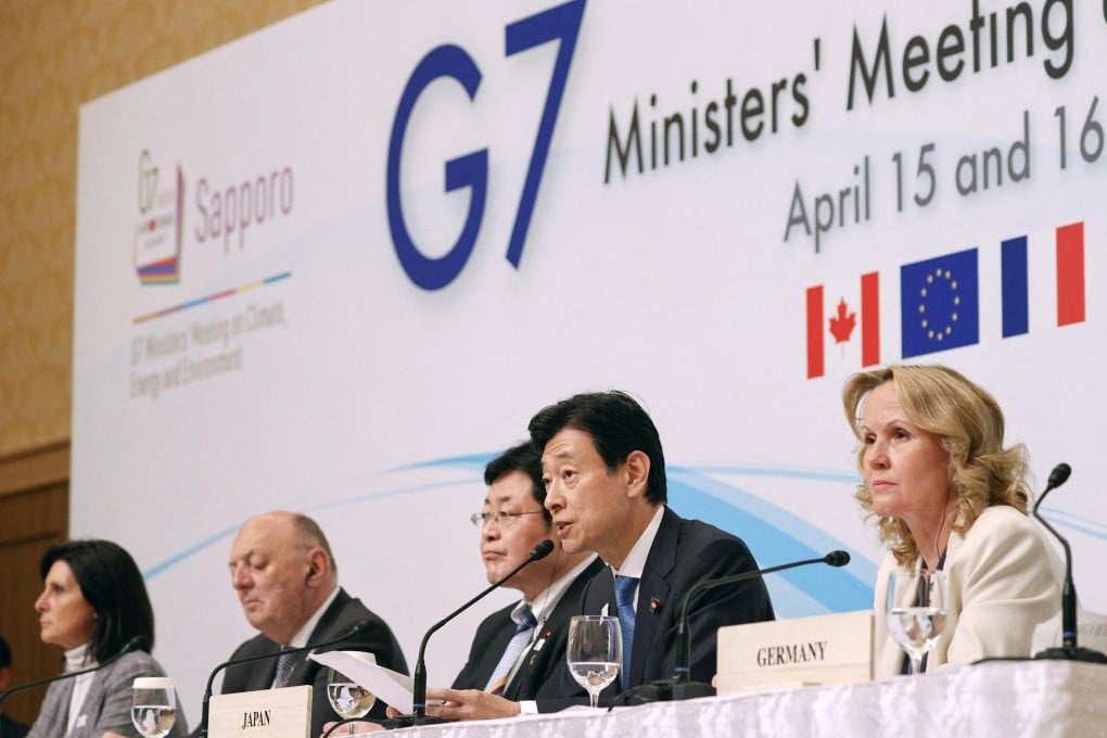 Japan’s Environment Minister Akihiro Nishimura (centre) and Minister of Economy, Trade and Industry Yasutoshi Nishimura (second right) attend a news conference of the Group of 7 Ministers’ Meeting on Climate, Energy and Environment, in Sapporo, Japan, on April 16. Photo: Kyodo