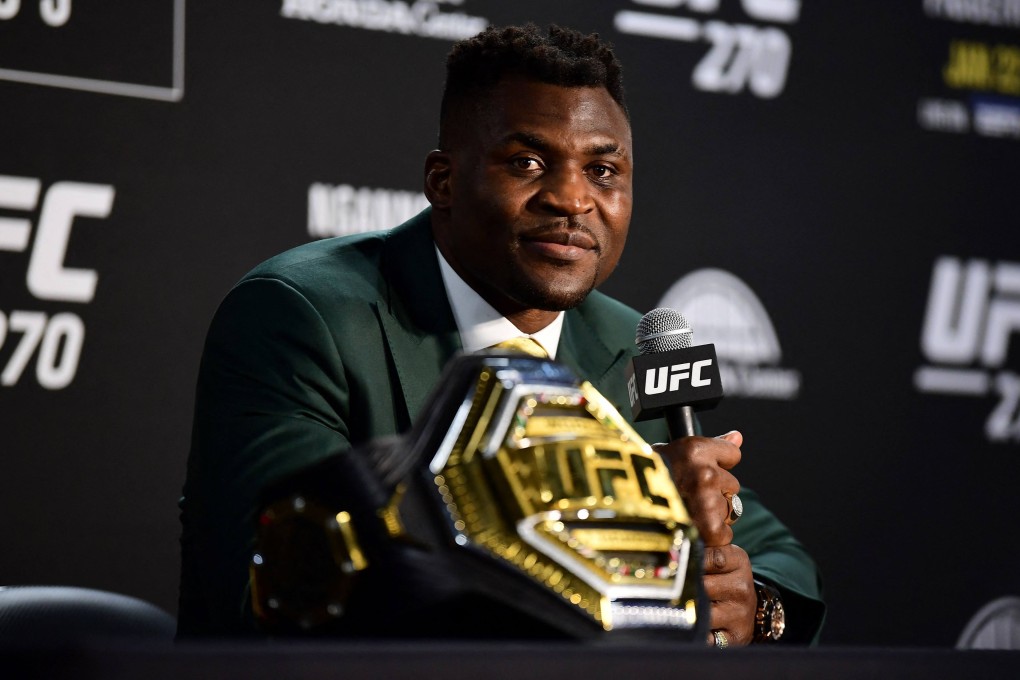 Francis Ngannou speaks to the media after defeating Ciryl Gane in their UFC 270 title fight. Photo: AFP