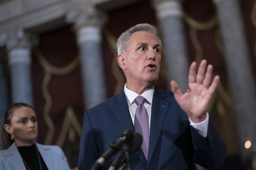 US Speaker of the House Kevin McCarthy talks to reporters just after the Republican majority in the chamber narrowly passed a sweeping debt ceiling package on Wednesday. Photo: AP