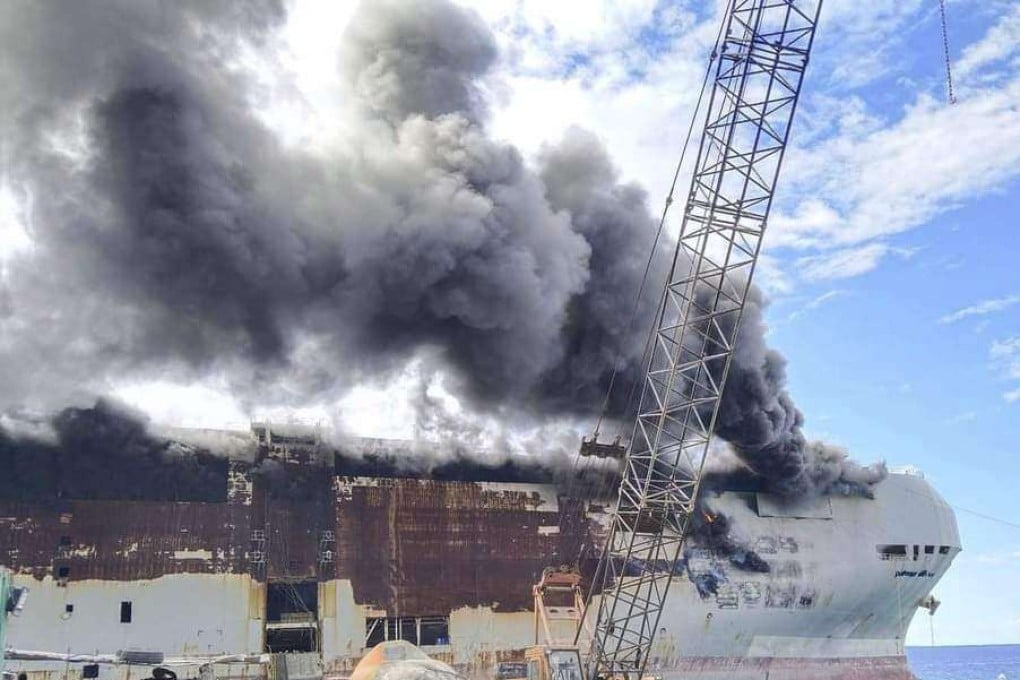 Fire is seen onboard MV Diamond Highway in Punta Engaño, Lapu-Lapu City, Cebu province, central Philippines. Photo: AP