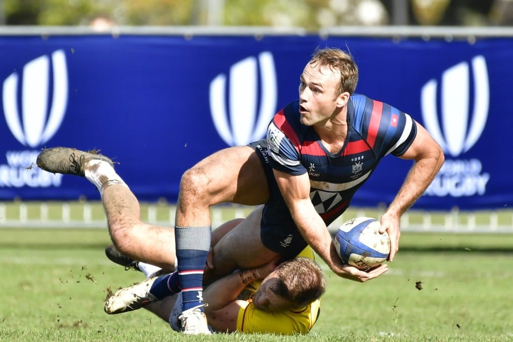 Harry Sayers offloads the ball for Hong Kong’s men in their pool game against Belgium at the World Rugby Sevens Challenger Series in South Africa. Photos: Handout