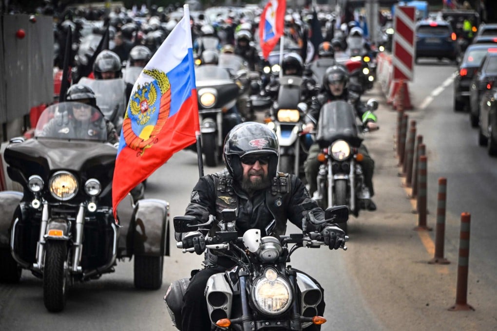 Alexander Zaldostanov, centre, a leader of the Night Wolves bikers’ club, leads a convoy in Moscow on Saturday. Photo: AFP