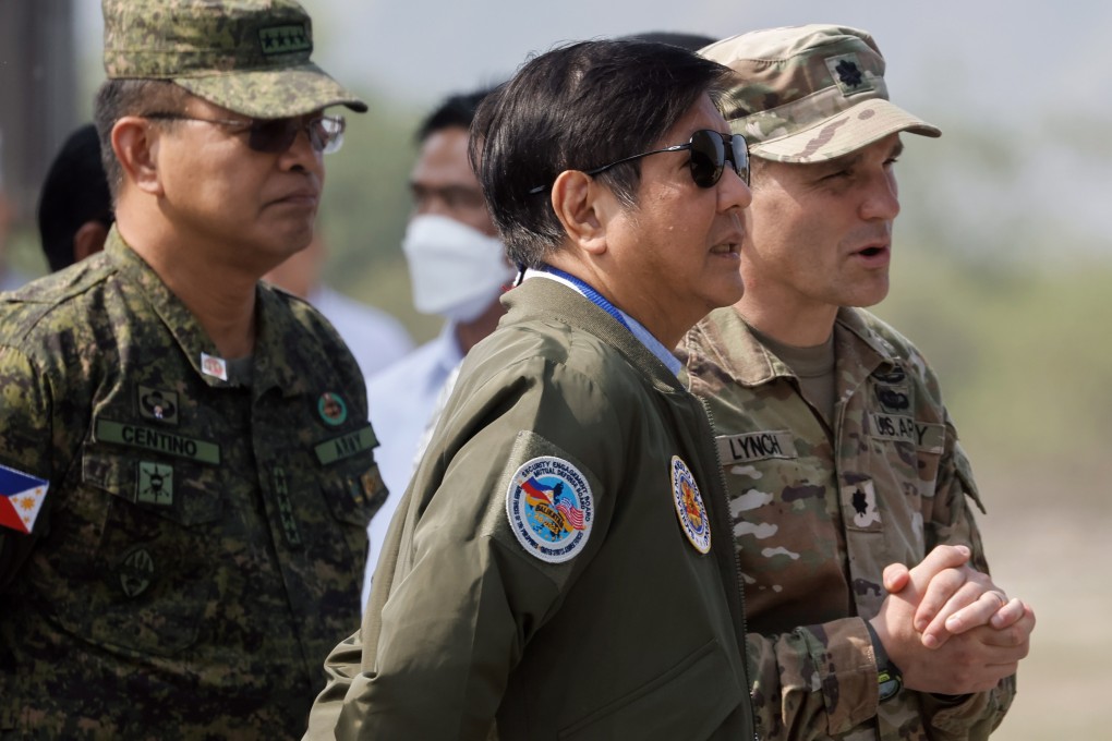 Philippine President Ferdinand Marcos Jnr is joined by Andres Centino, his armed forces chief of staff, and US army lieutenant colonel Timothy Lynch at a Balikatan briefing on April 26 in Zambales province, north of Manila, in the Philippines. Photo: EPA-EFE