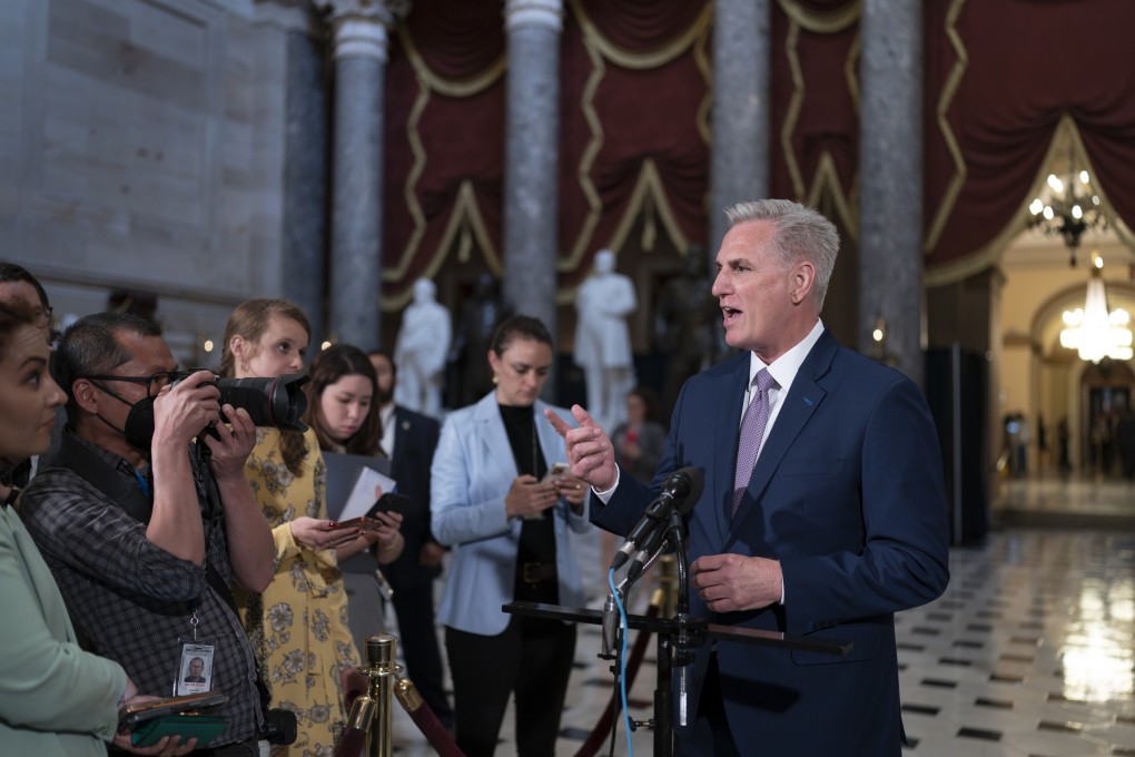 House Speaker Kevin McCarthy talks to reporters at the Capitol in Washington on April 26, just after the Republican majority in the House narrowly passed a sweeping debt ceiling package to try to push President Joe Biden into negotiations on federal spending. Photo: AP