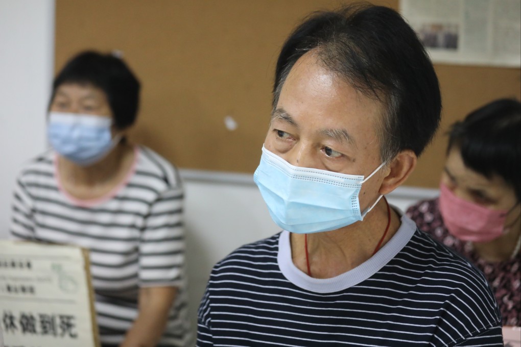 Worker “Ah Wai”, right, shares his experiences at a press conference held by SoCO on Sunday. Photo: Xiaomei Chen